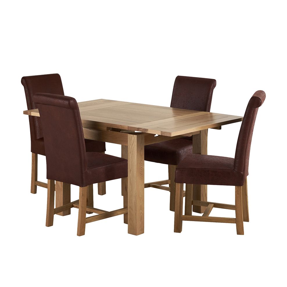 Dorset Natural Oak Extending Dining Table and 4 Braced Scroll Back Antiqued Brown Fabric Chairs Thumbnail 2