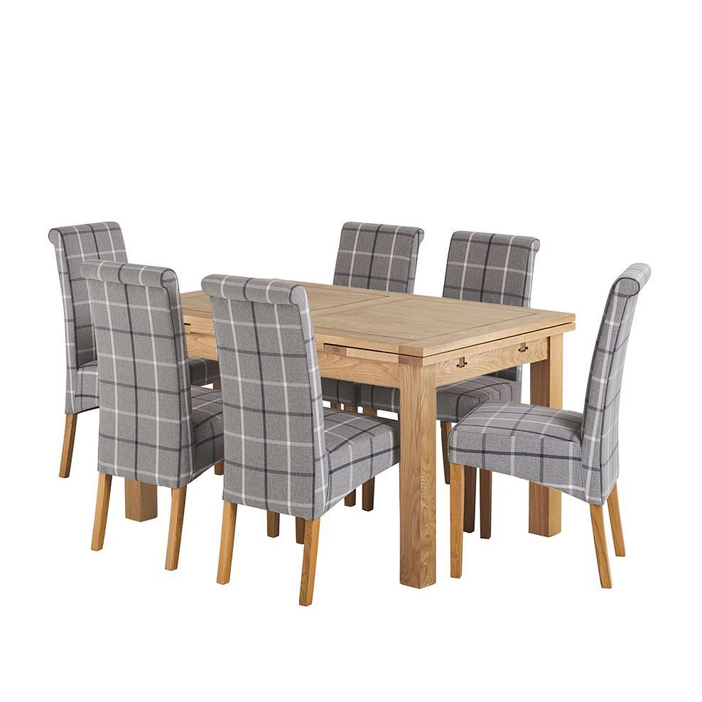 Dorset Natural Solid Oak 4ft 7" Extending Dining Table with 6 Scroll Back Checked Granite Fabric Chairs 1