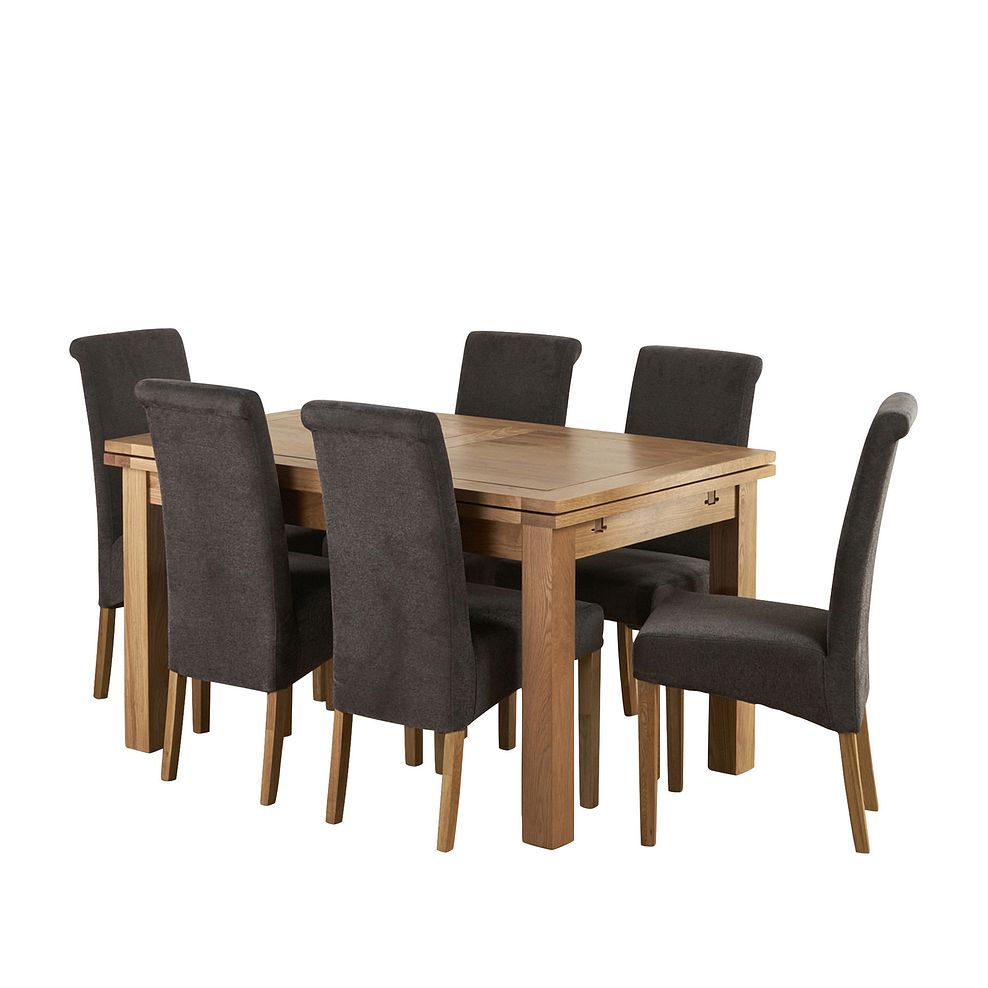 Dorset Natural Solid Oak 4ft 7" Extending Dining Table with 6 Scroll Back Plain Charcoal Fabric Chairs 1