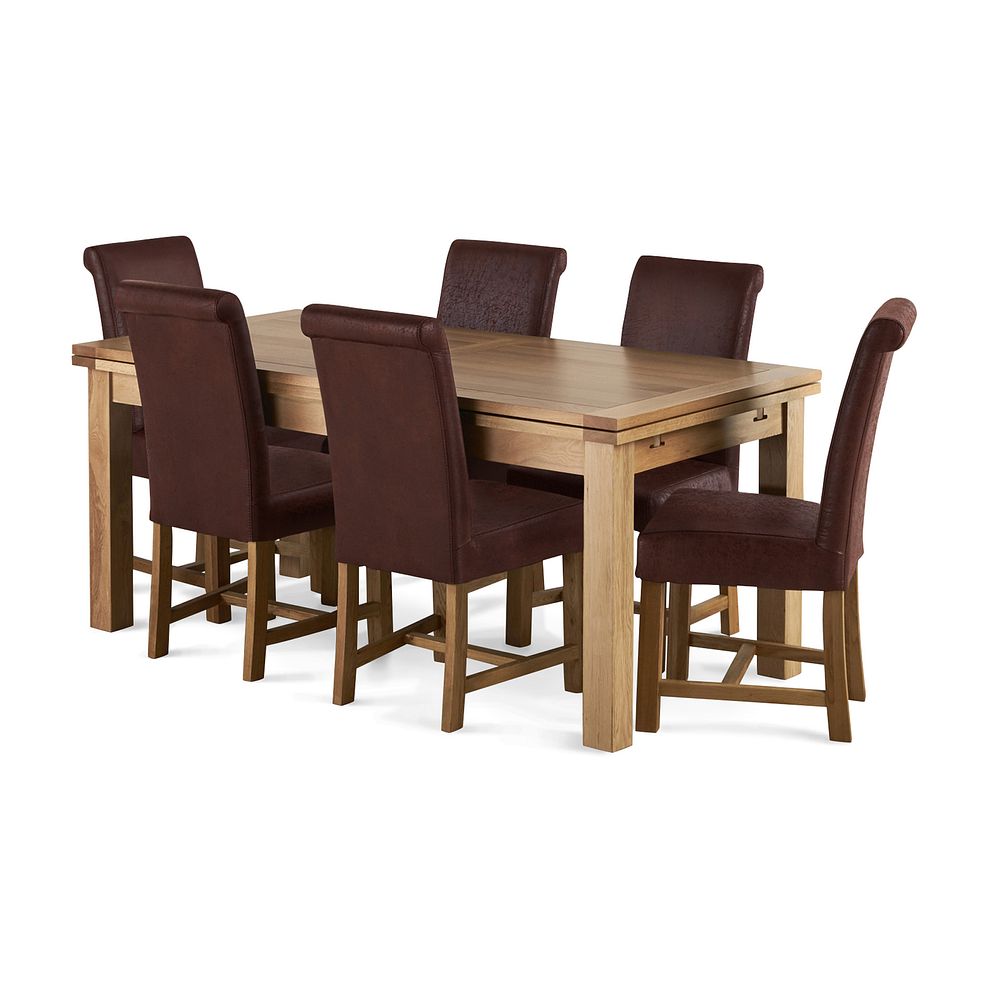 Dorset Natural Solid Oak 6ft Extending Table and 6 Braced Scroll Back Antiqued Brown Fabric Chairs 1