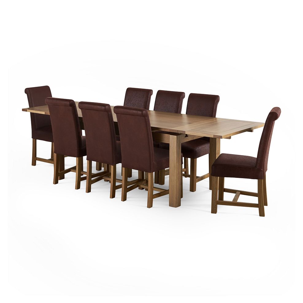 Dorset Natural Solid Oak 6ft Extending Table and 8 Braced Scroll Back Antiqued Brown Fabric Chairs Thumbnail 1