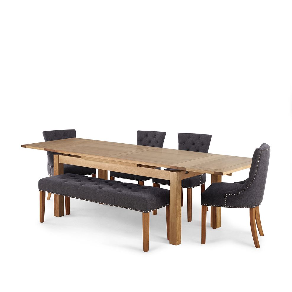Dorset Natural Solid Oak 6ft Extending Table with 1 Vivien Bench and 4 Vivien Chairs in Grey Fabric Thumbnail 3