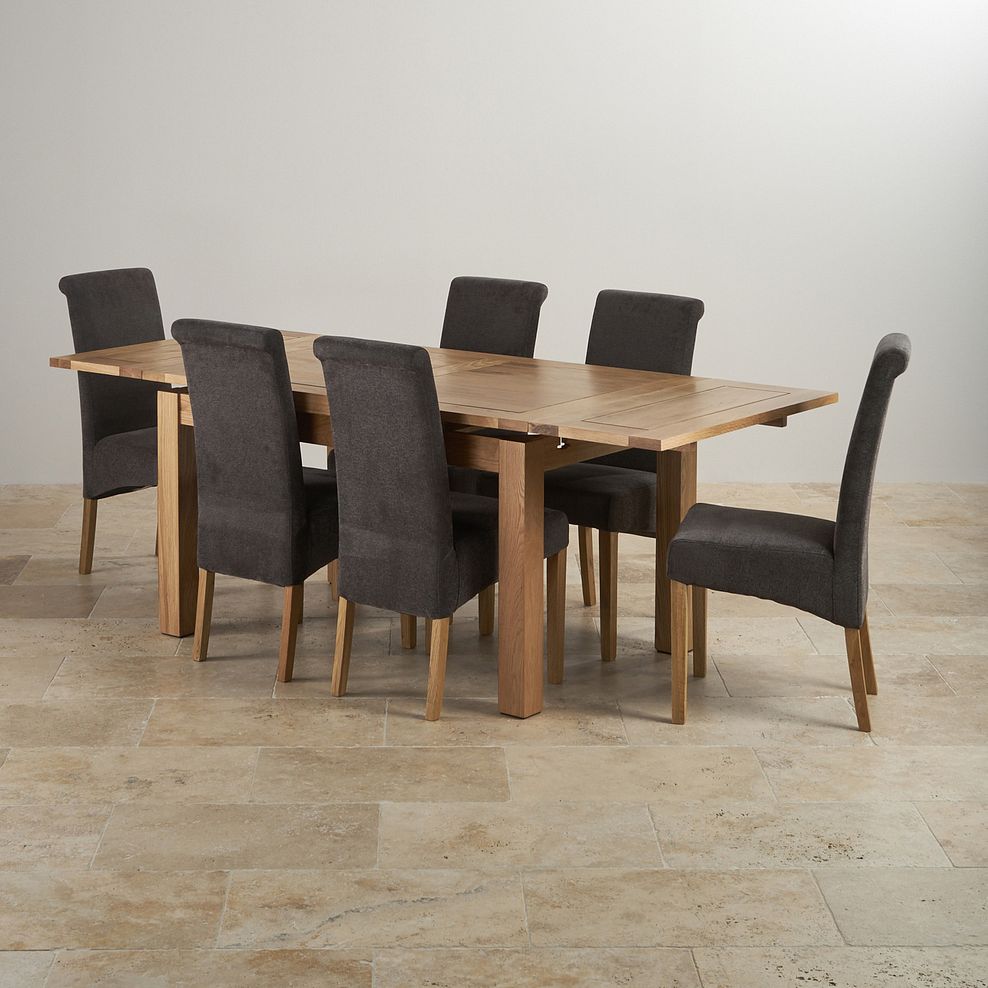 Dorset Natural Solid Oak 4ft 7" Extending Dining Table with 6 Scroll Back Plain Charcoal Fabric Chairs 2
