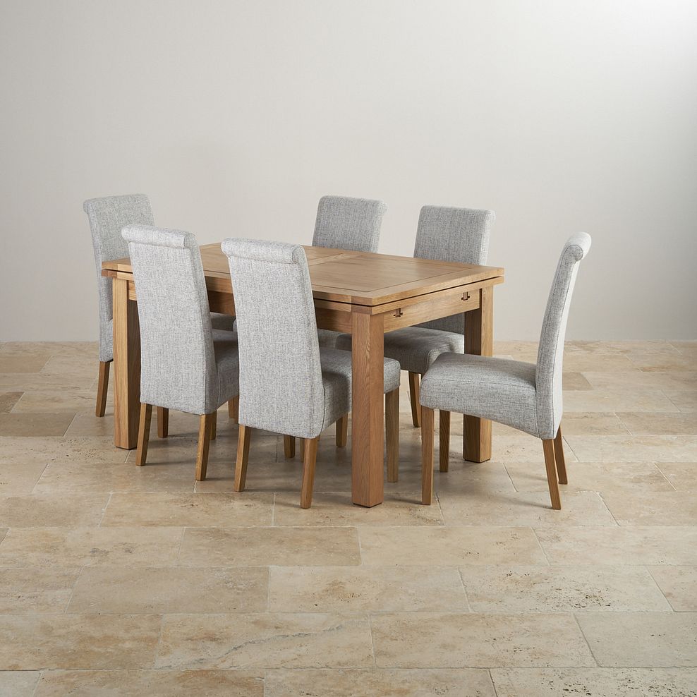 Dorset Natural Solid Oak 4ft 7" Extending Dining Table and 6 Scroll Back Plain Grey Fabric Chairs 1