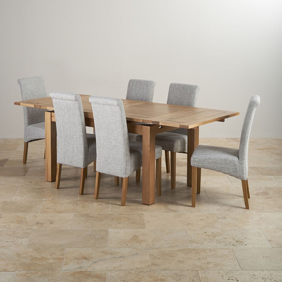 Dorset Natural Solid Oak 4ft 7" Extending Dining Table and 6 Scroll Back Plain Grey Fabric Chairs Thumbnail 2