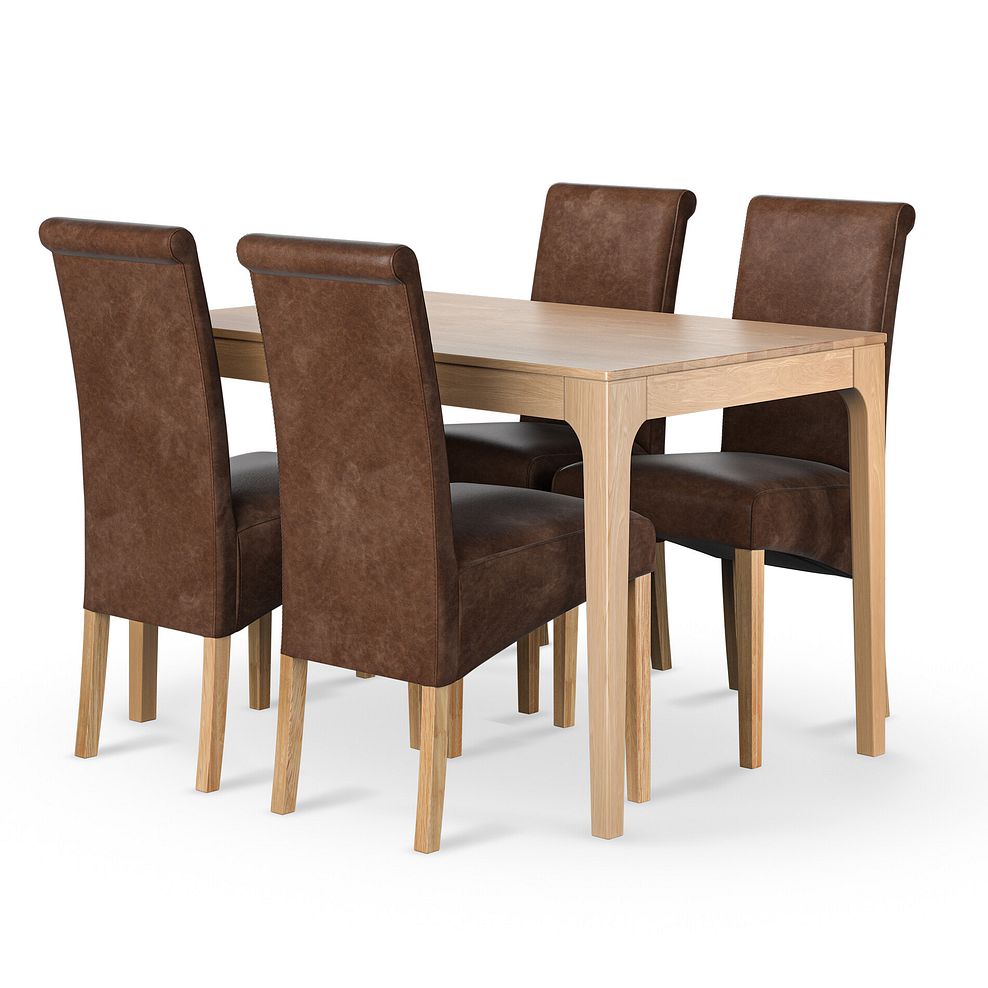 Durham Natural Oak Dining Table + 4 Scroll Back Chair in Vintage Brown Leather Look Fabric with Oak Legs 1