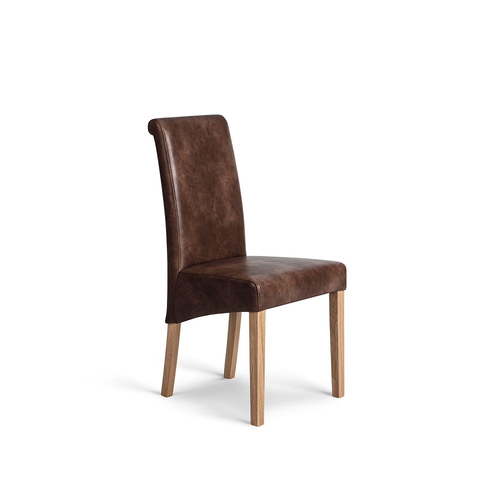 Durham Natural Oak Dining Table + 6 Scroll Back Chair in Vintage Brown Leather Look Fabric with Oak Legs 6