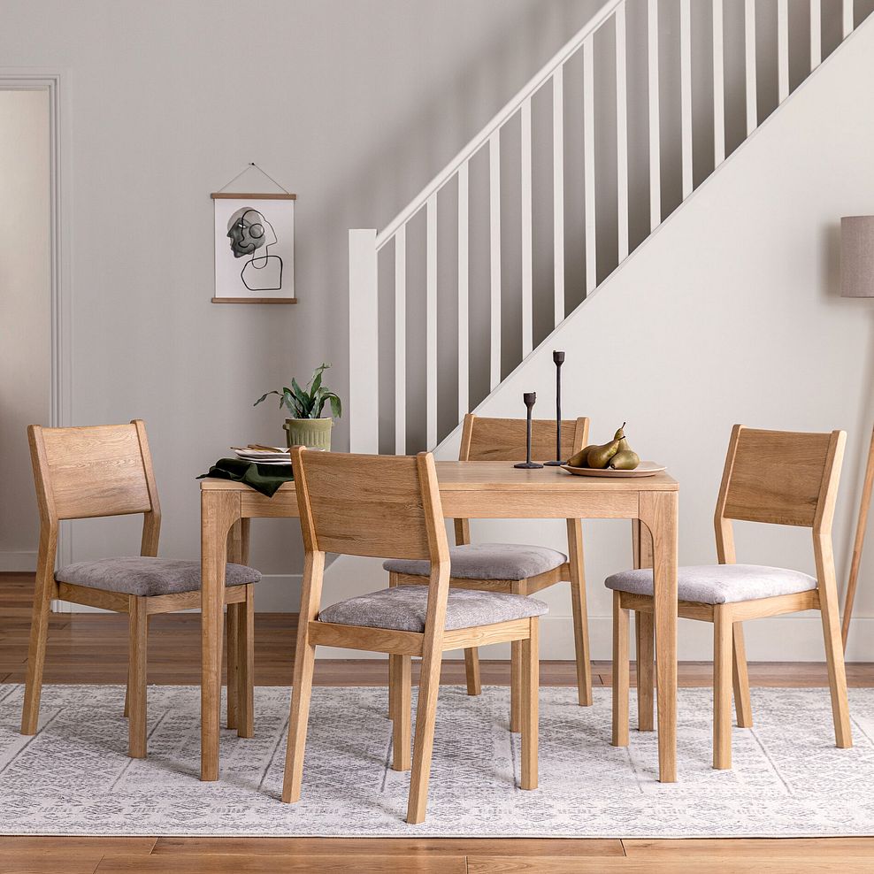 Durham Natural Oak Fixed Dining Table 120cm + 4 Ellison Oak Chair with Brooklyn Quill Grey Crushed Chenille Seat 2