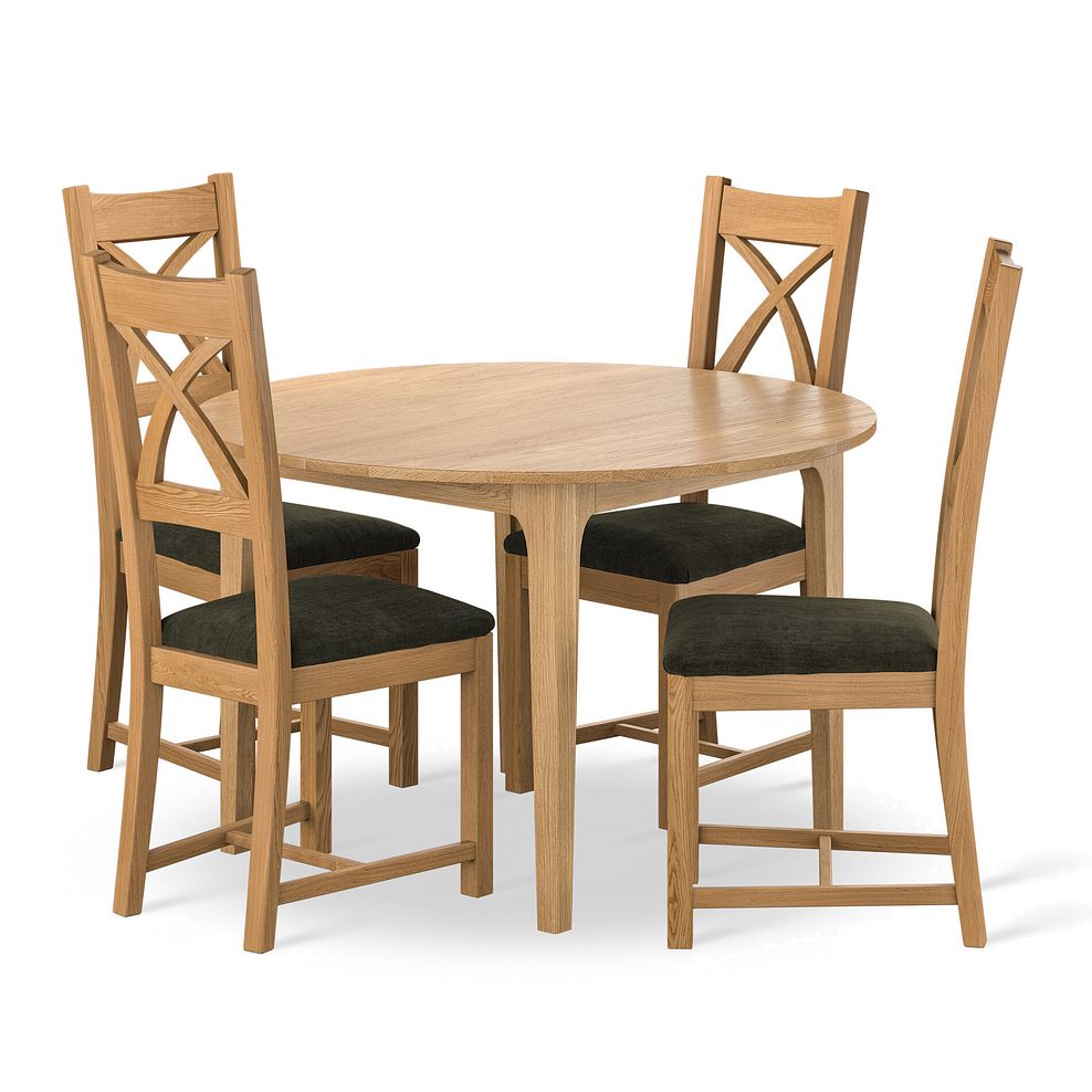 Durham Natural Oak Round Dining Table 120cm + 4 Cross Back Natural Solid Oak Chair with Verona Green Fabric Seat 1