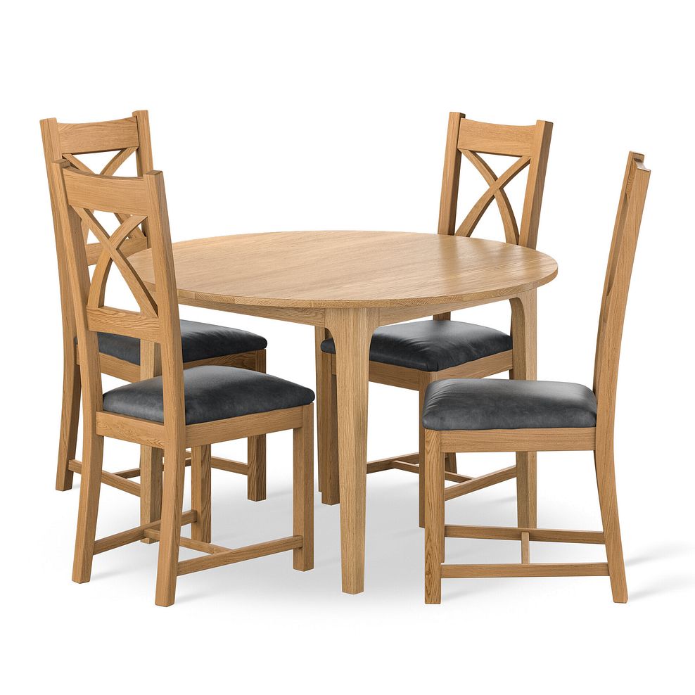 Durham Natural Oak Round Dining Table 120cm + 4 Cross Back Natural Solid Oak Chair with Vintage Black Leather Look Fabric Seat 1