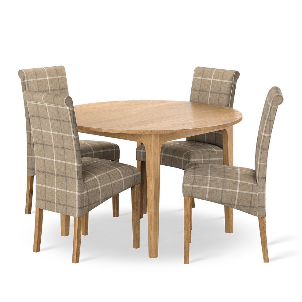 Durham Natural Oak Round Dining Table 120cm + 4 Scroll Back Chair in Checked Beige Fabric with Oak Legs 1