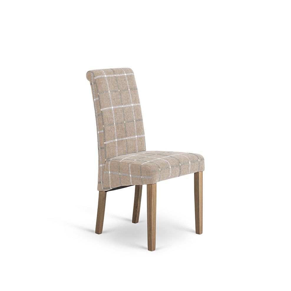 Durham Natural Oak Round Dining Table 120cm + 4 Scroll Back Chair in Checked Beige Fabric with Oak Legs 6
