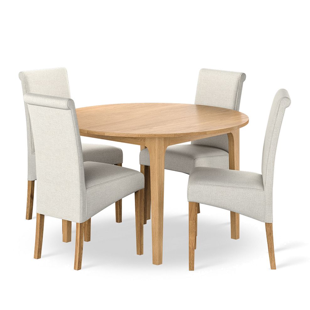 Durham Natural Oak Round Dining Table 120cm + 4 Scroll Back Chair in Conway Stone Fabric with Solid Oak Legs 1
