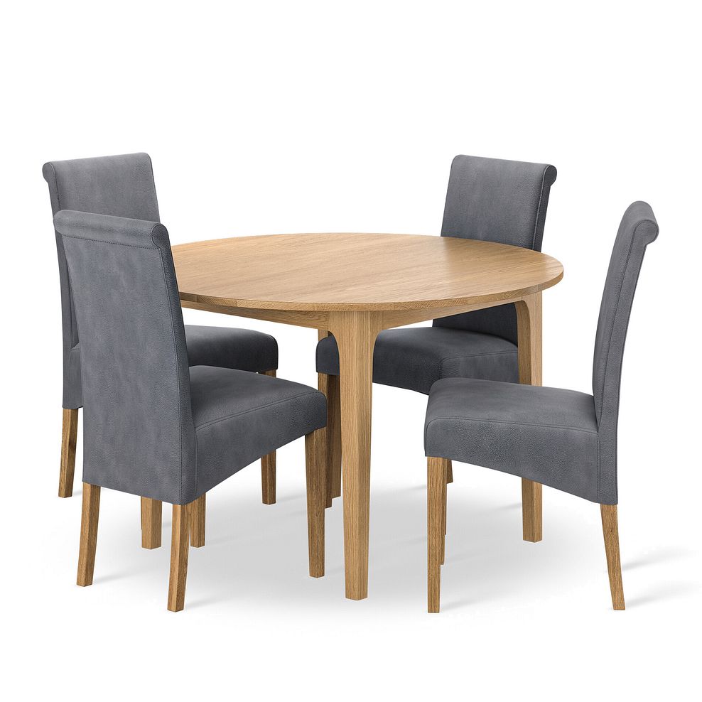 Durham Natural Oak Round Dining Table 120cm + 4 Scroll Back Chair in Dappled Silver Fabric with Solid Oak Legs 1