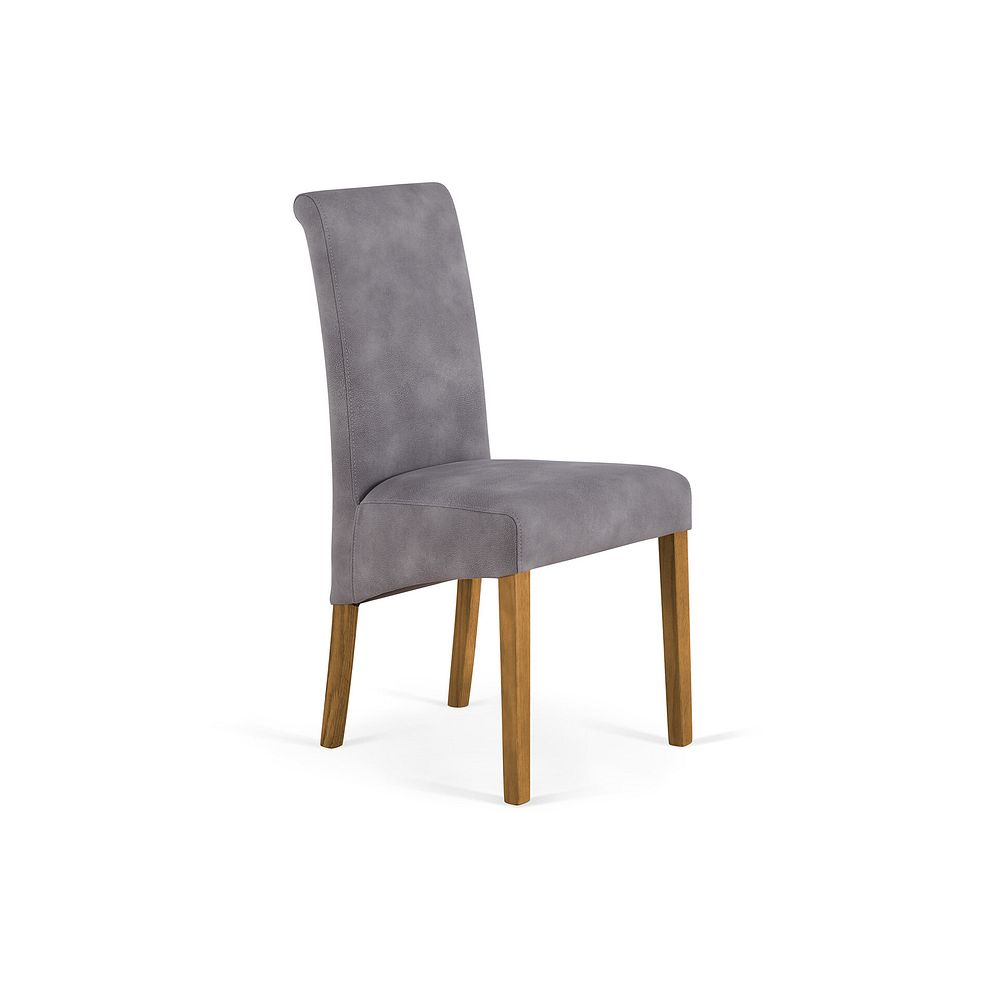 Durham Natural Oak Round Dining Table 120cm + 4 Scroll Back Chair in Dappled Silver Fabric with Solid Oak Legs 6