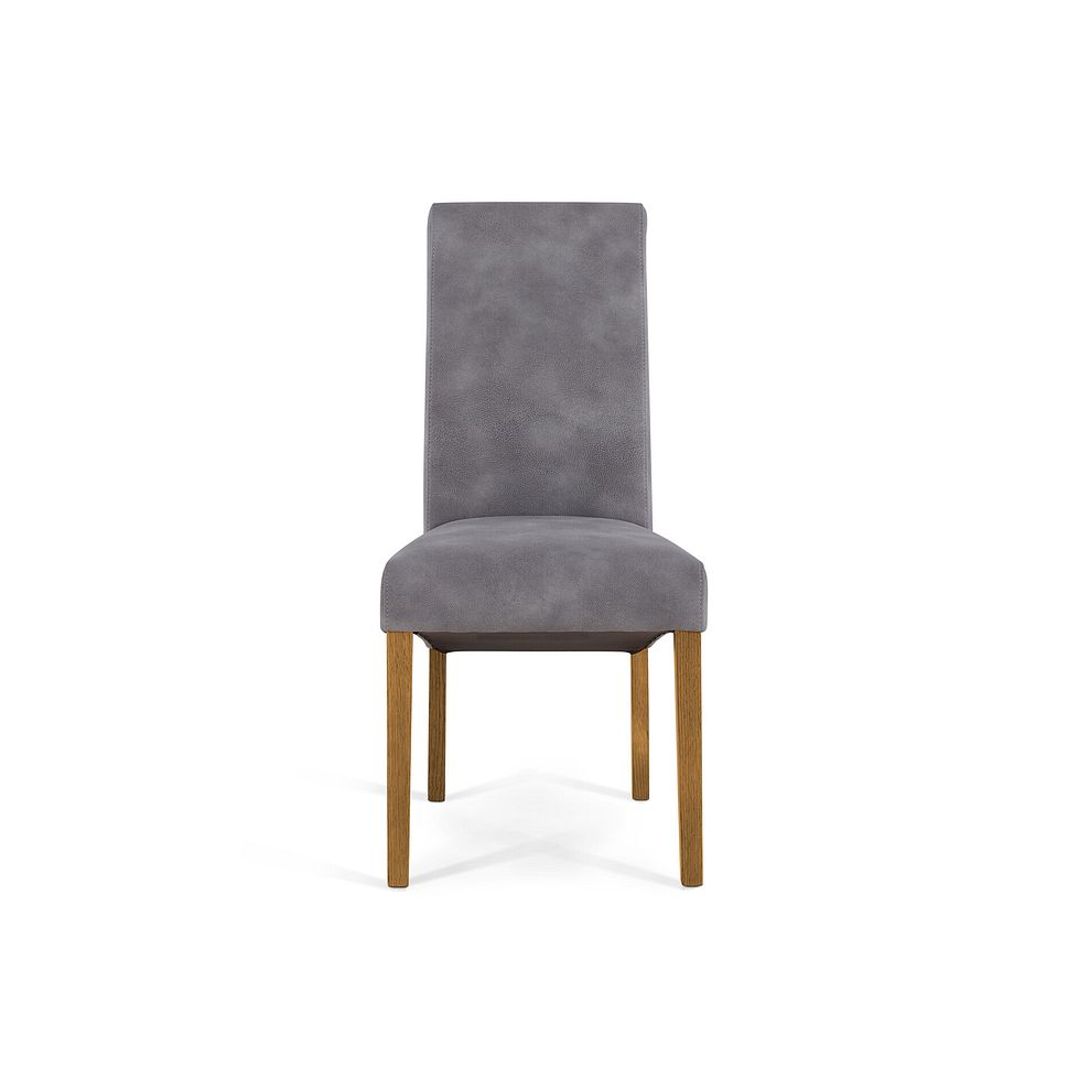 Durham Natural Oak Round Dining Table 120cm + 4 Scroll Back Chair in Dappled Silver Fabric with Solid Oak Legs 7