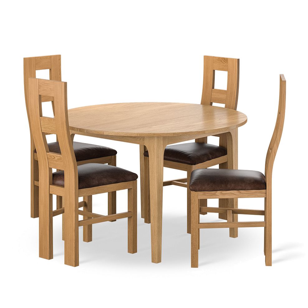 Durham Natural Oak Round Dining Table 120cm + 4 Wave Back Natural Solid Oak Chair with Vintage Brown Leather Look Fabric Seat 1