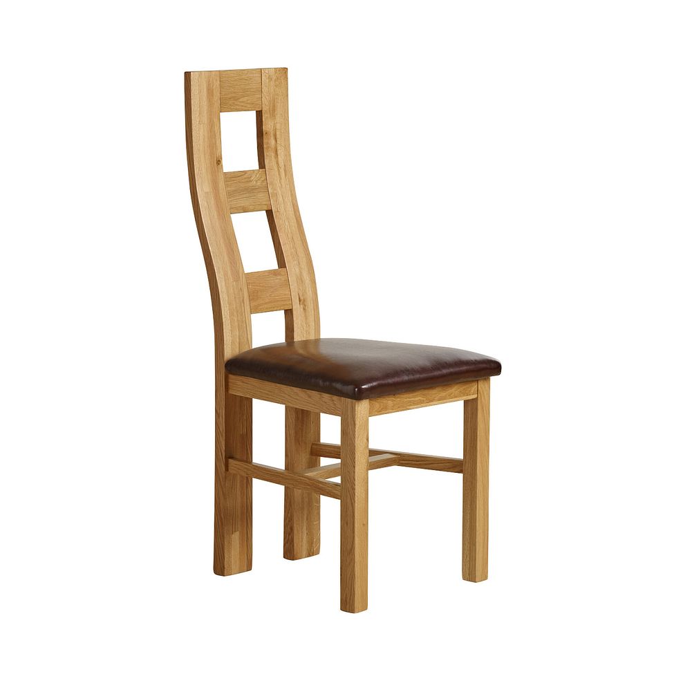 Durham Natural Oak Round Dining Table 120cm + 4 Wave Back Natural Solid Oak Chair with Vintage Brown Leather Look Fabric Seat 6