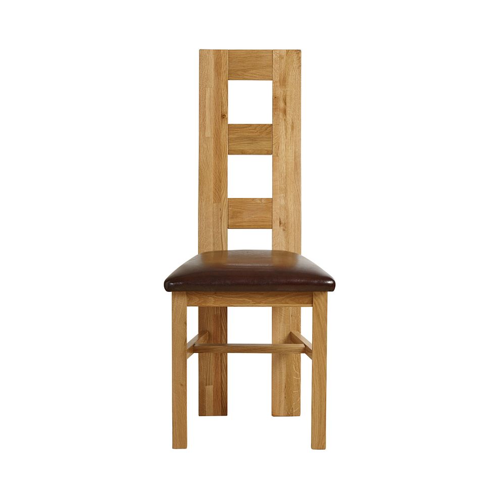 Durham Natural Oak Round Dining Table 120cm + 4 Wave Back Natural Solid Oak Chair with Vintage Brown Leather Look Fabric Seat 7