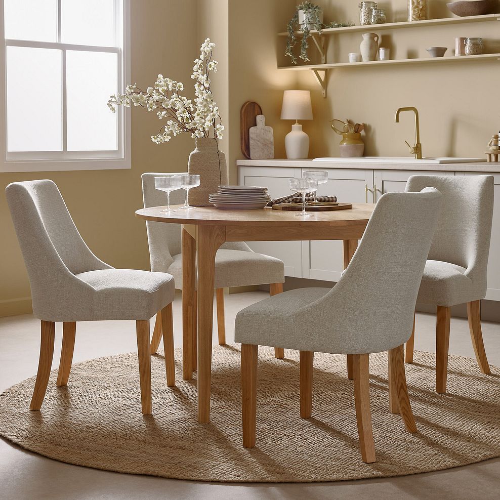 Durham Natural Oak Round Dining Table 120cm + 4 Zola Chairs in Conway Stone Fabric with Oak leg 2