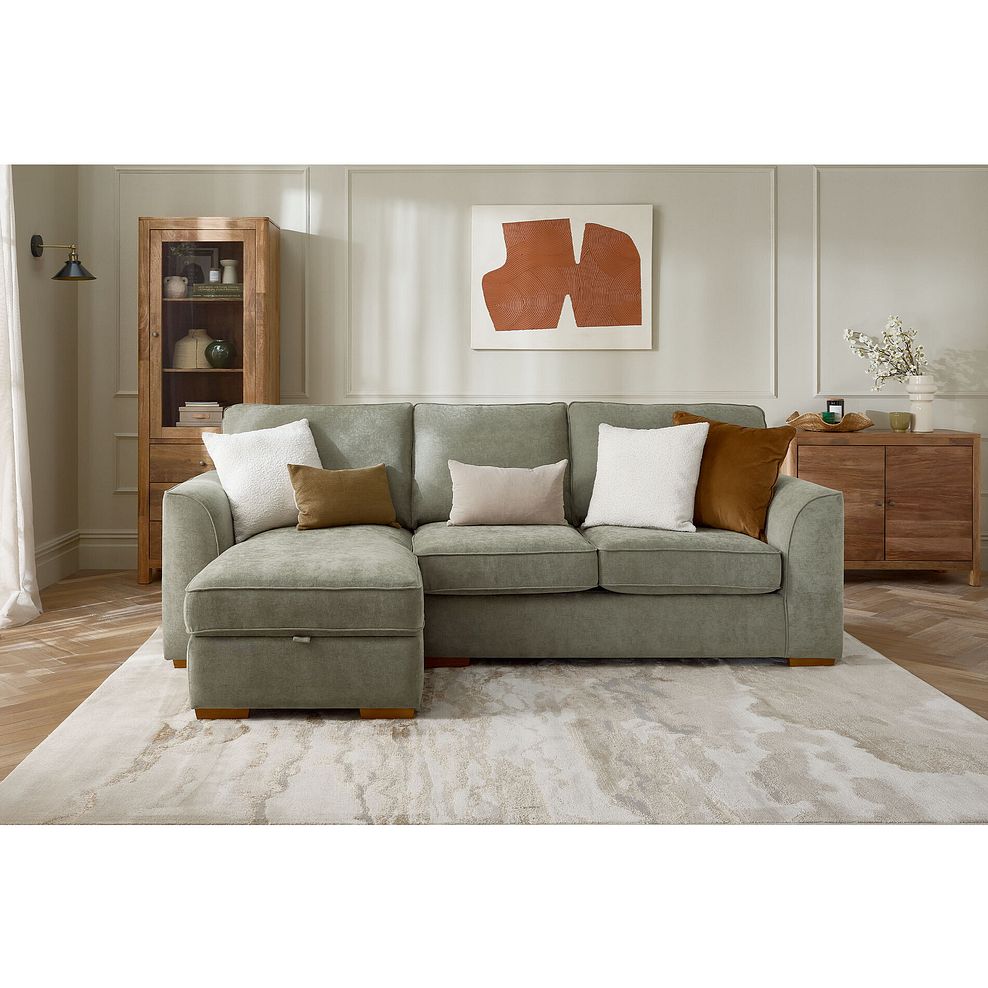 Eastley Left Hand Chaise Sofa with Storage in Limoge Green Fabric with Beige Scatters 2