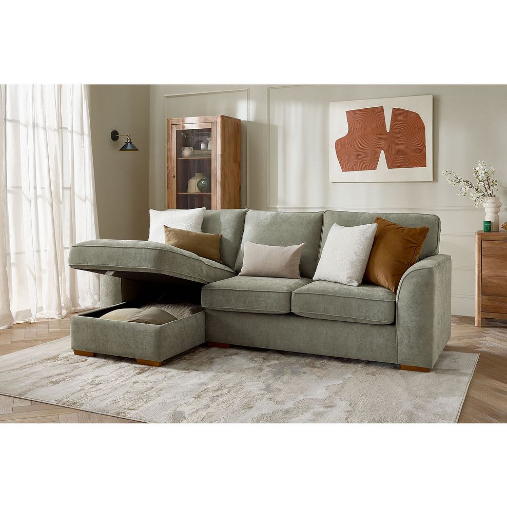 Eastley Left Hand Chaise Sofa with Storage in Limoge Green Fabric with Beige Scatters 1