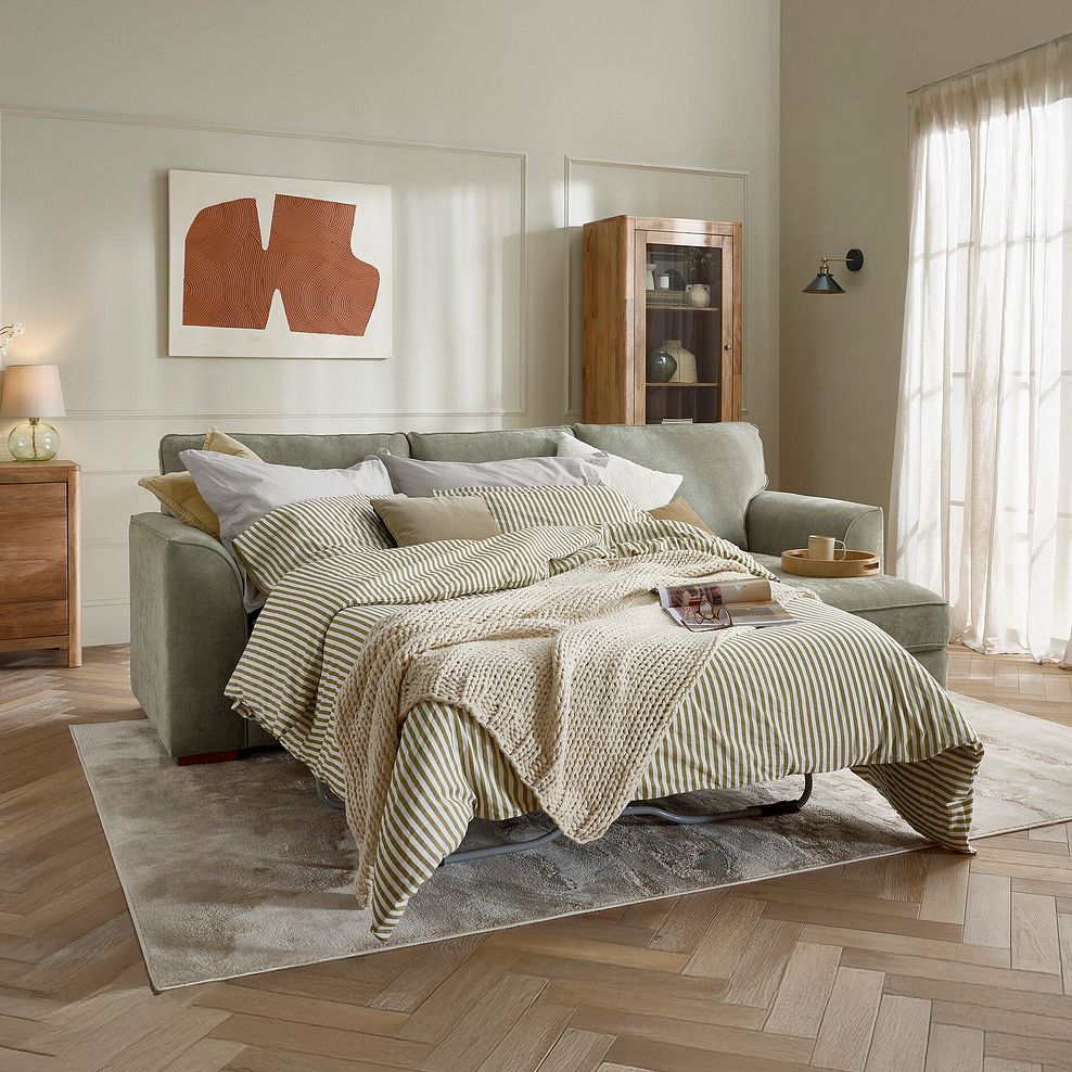 Eastley Right Hand Chaise Sofa Bed with Storage in Limoge Green Fabric with Beige Scatters 1