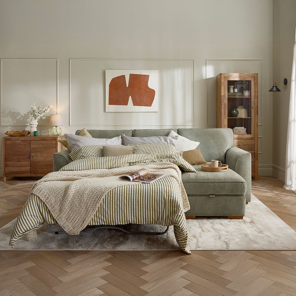 Eastley Right Hand Chaise Sofa Bed with Storage in Limoge Green Fabric with Beige Scatters 4