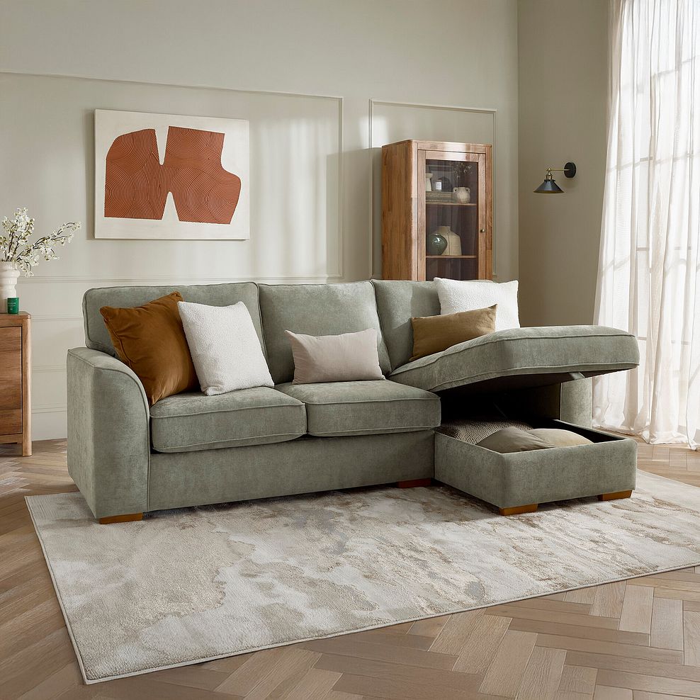 Eastley Right Hand Chaise Sofa with Storage in Limoge Green Fabric with Beige Scatters 1
