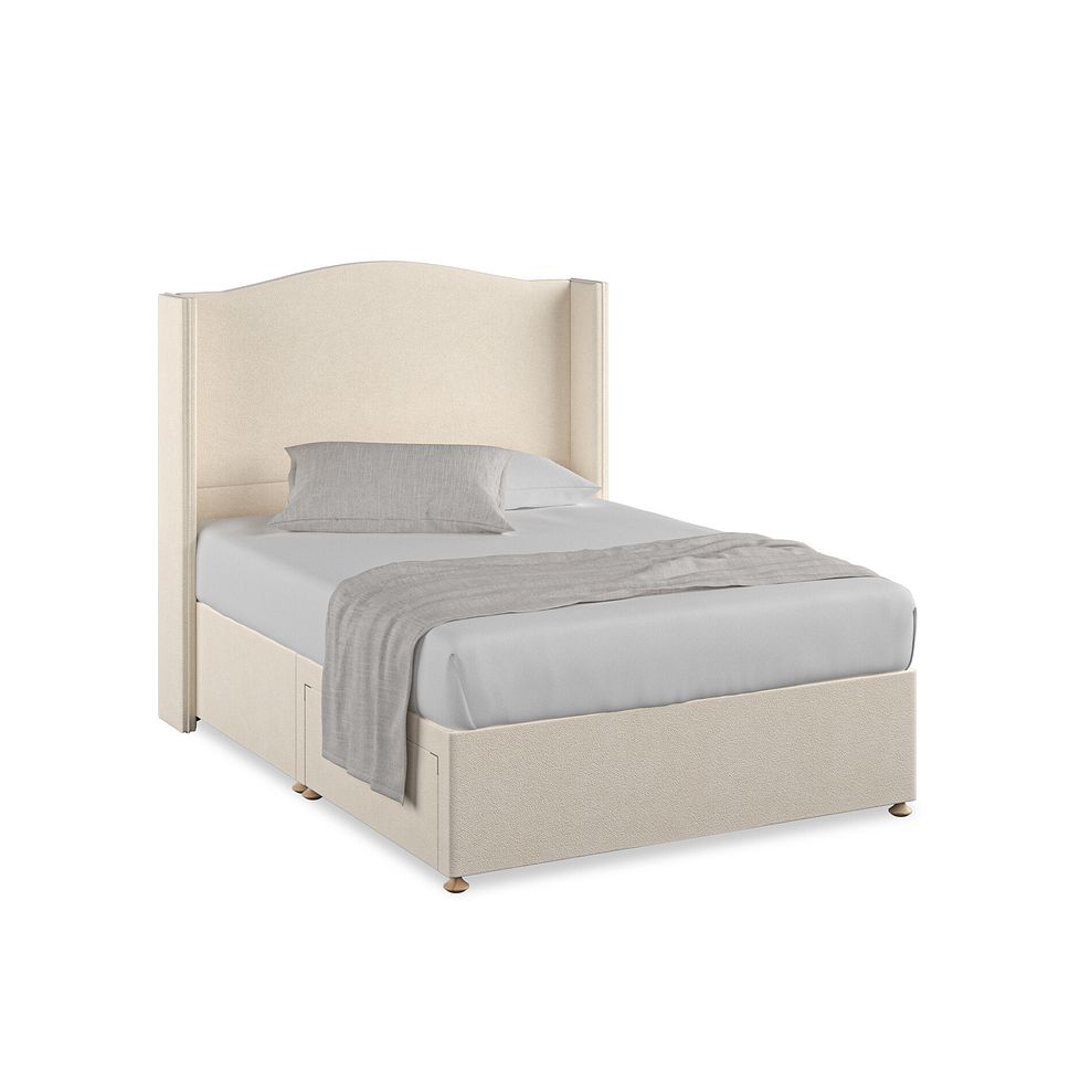 Eden Double 2 Drawer Divan Bed with Winged Headboard in Venice Fabric - Cream