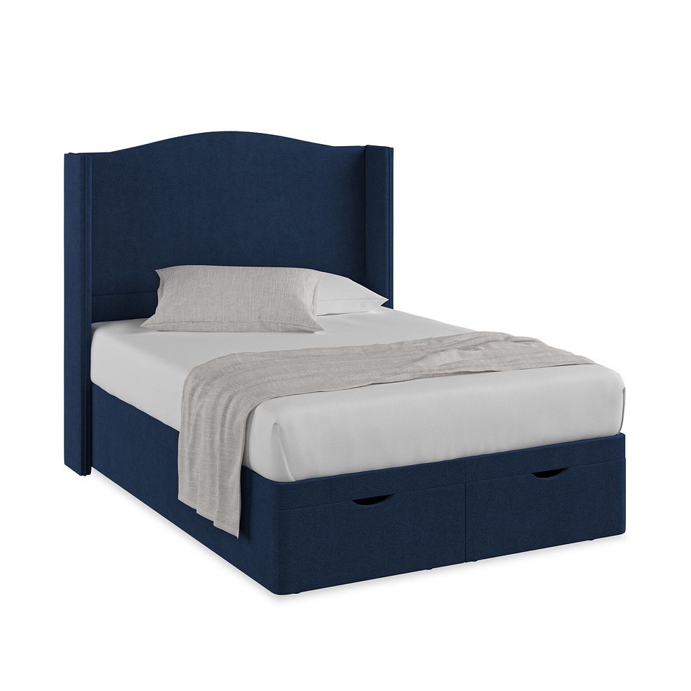 Eden Double Ottoman Storage Bed with Winged Headboard in Venice Fabric - Marine