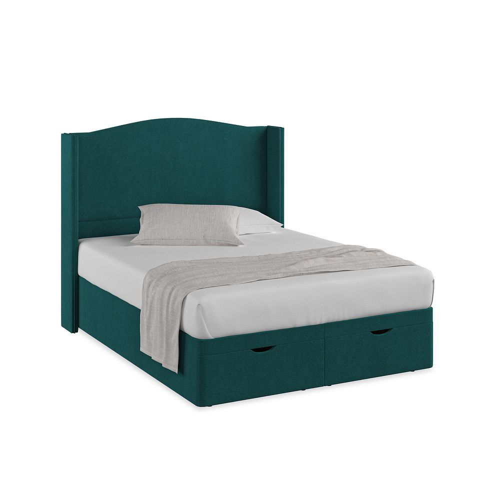 Eden King-Size Ottoman Storage Bed with Winged Headboard in Venice Fabric - Teal 1