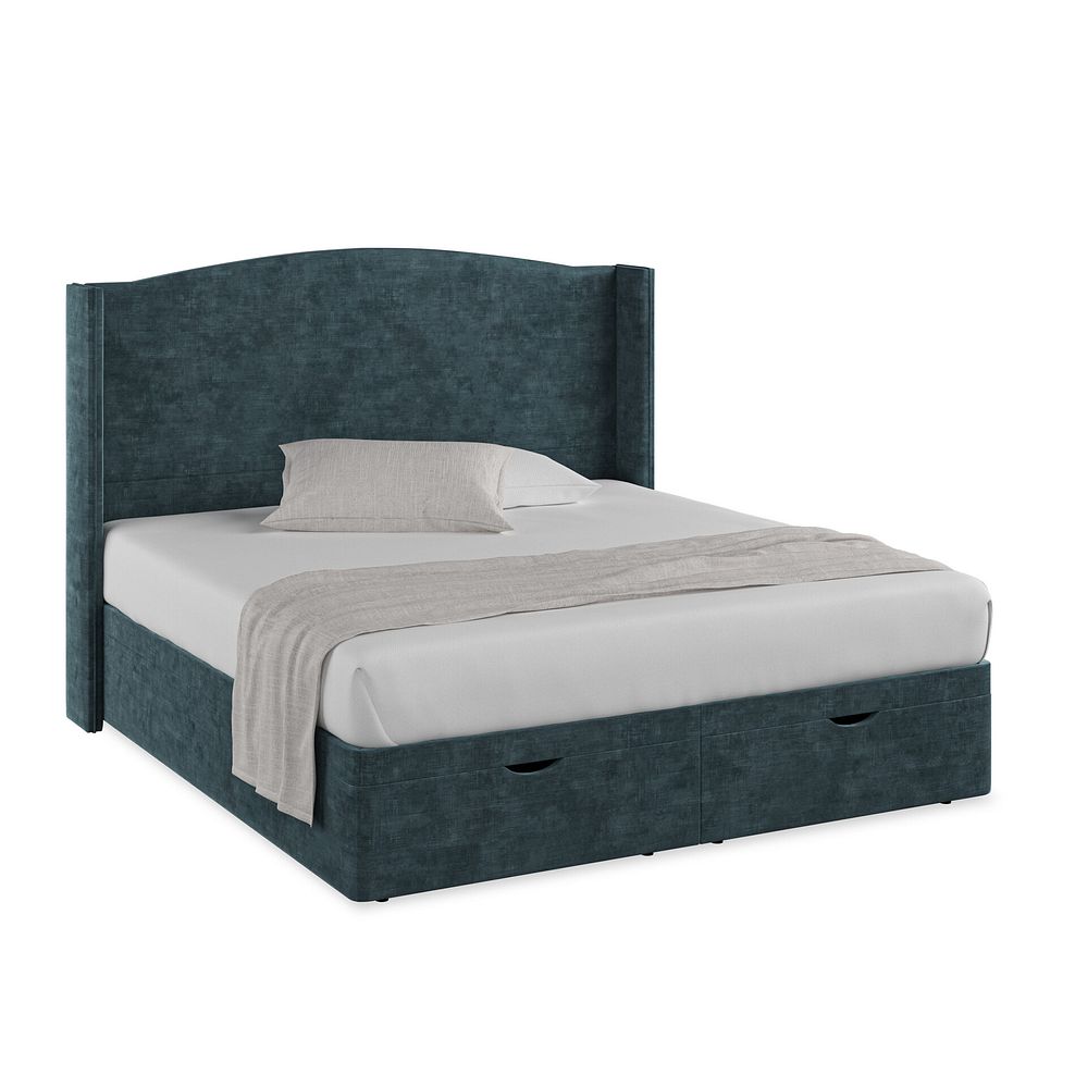 Eden Super King-Size Ottoman Storage Bed with Winged Headboard in Heritage Velvet - Airforce
