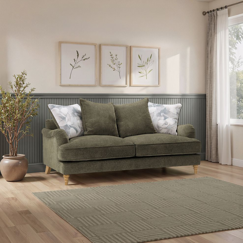 Eloise 3 Seater Pillow Back Sofa in Marlan Olive Green Fabric 1