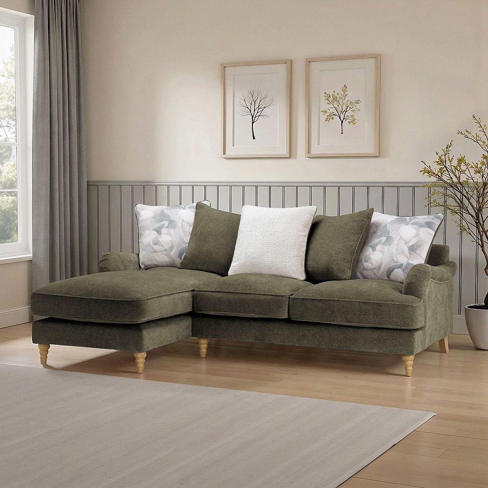 Eloise Left Hand Chaise Pillow Back Sofa in Marlan Olive Green Fabric 1