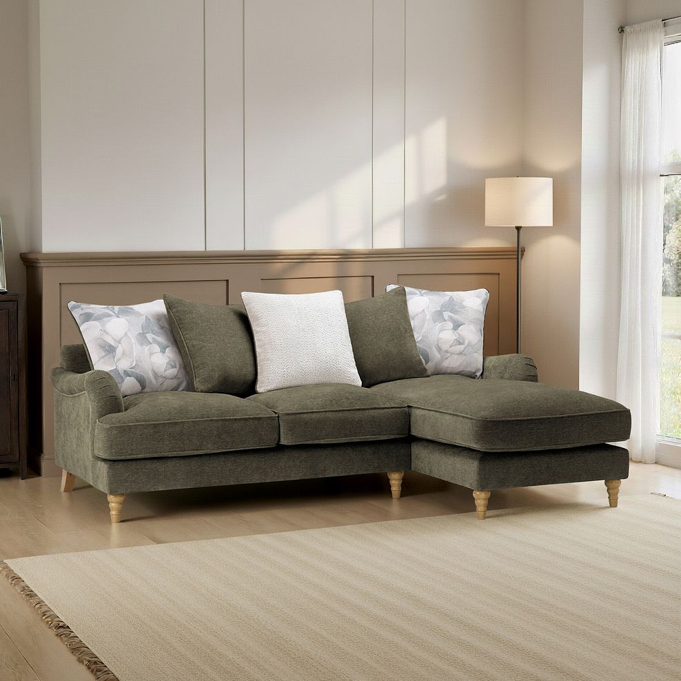 Eloise Right Hand Chaise Pillow Back Sofa in Marlan Olive Green Fabric 1