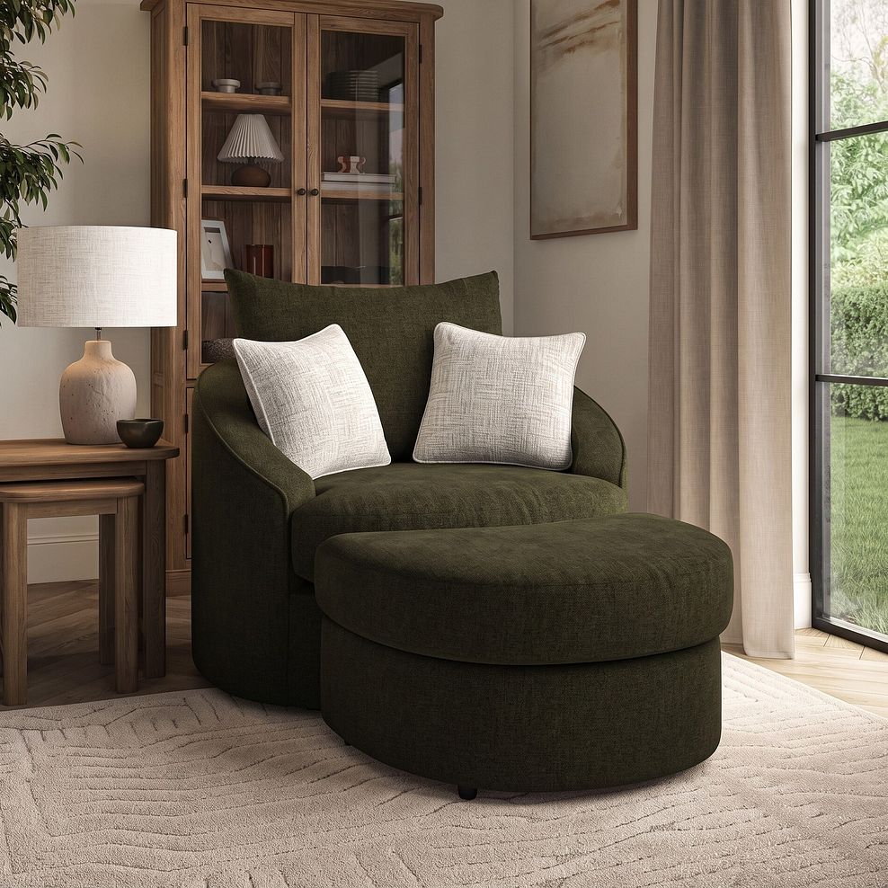 Elston Swivel Cuddler Chair in Penny Forest Fabric 2