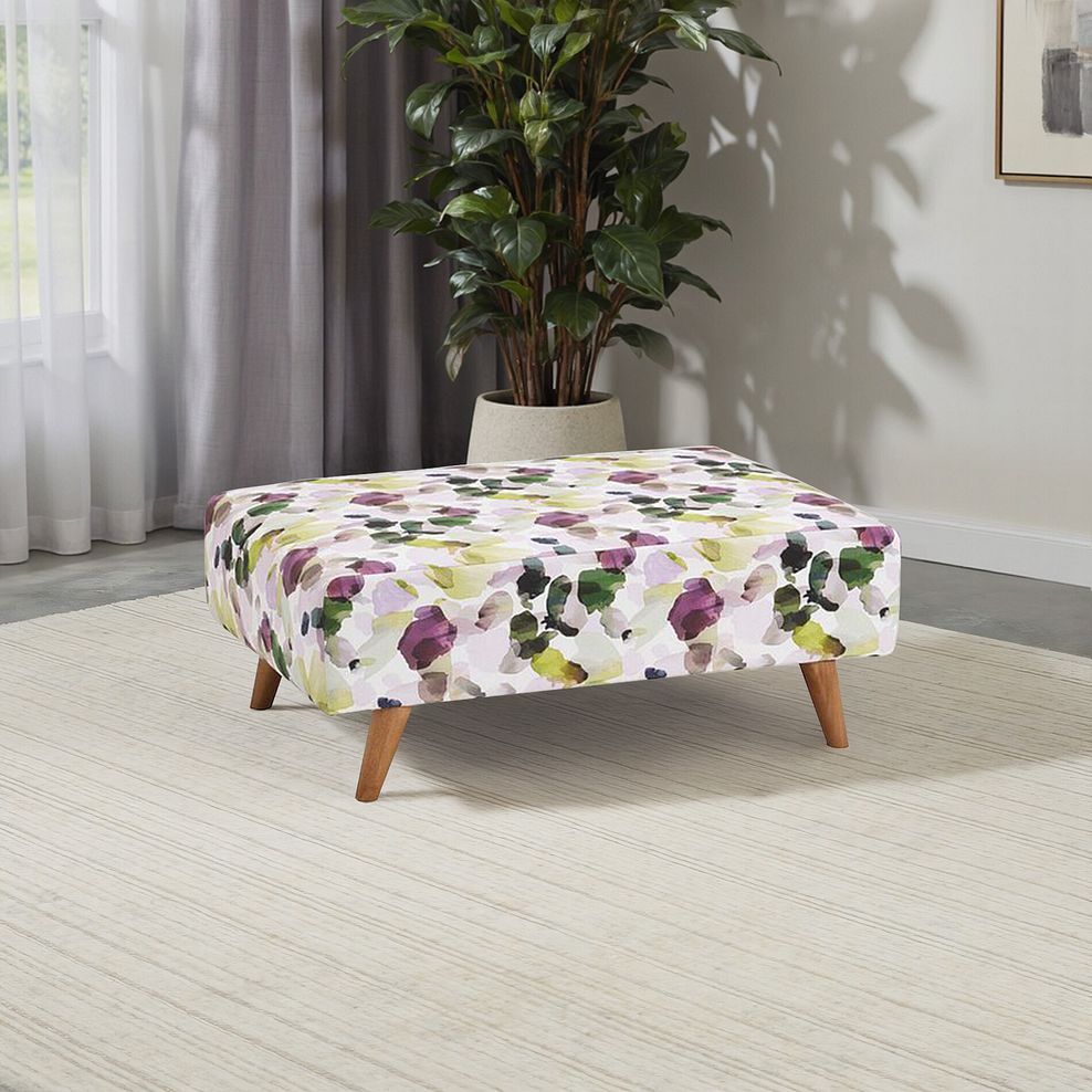 Evie Accent Footstool in Patterned Purple Fabric 1