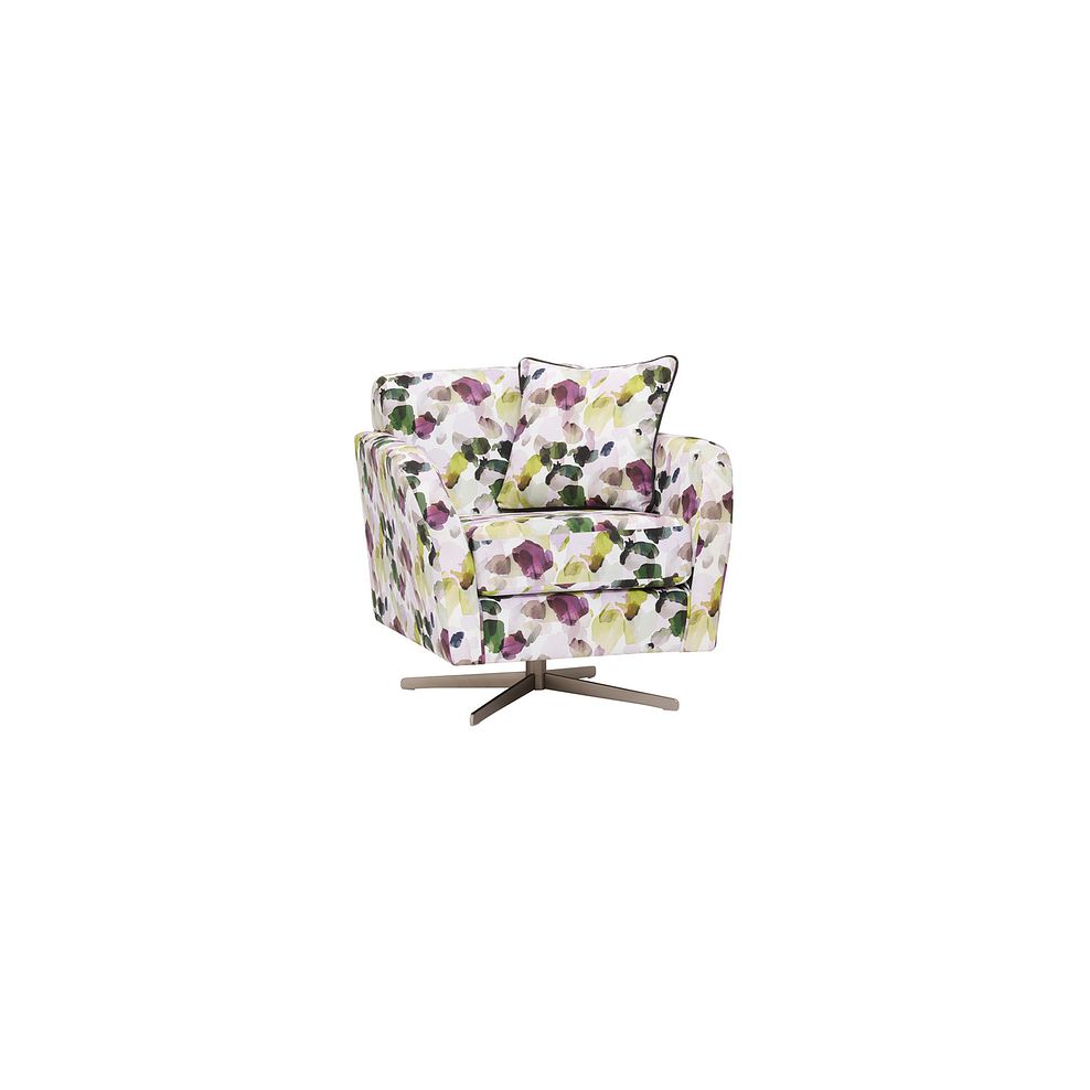 Evie Swivel Chair in Patterned Purple Fabric + Charcoal Scatter 2