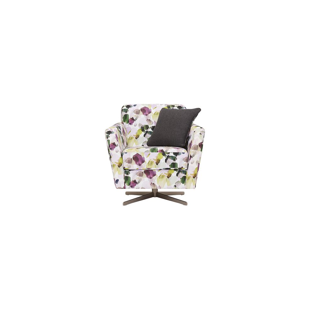Evie Swivel Chair in Patterned Purple Fabric + Charcoal Scatter 3