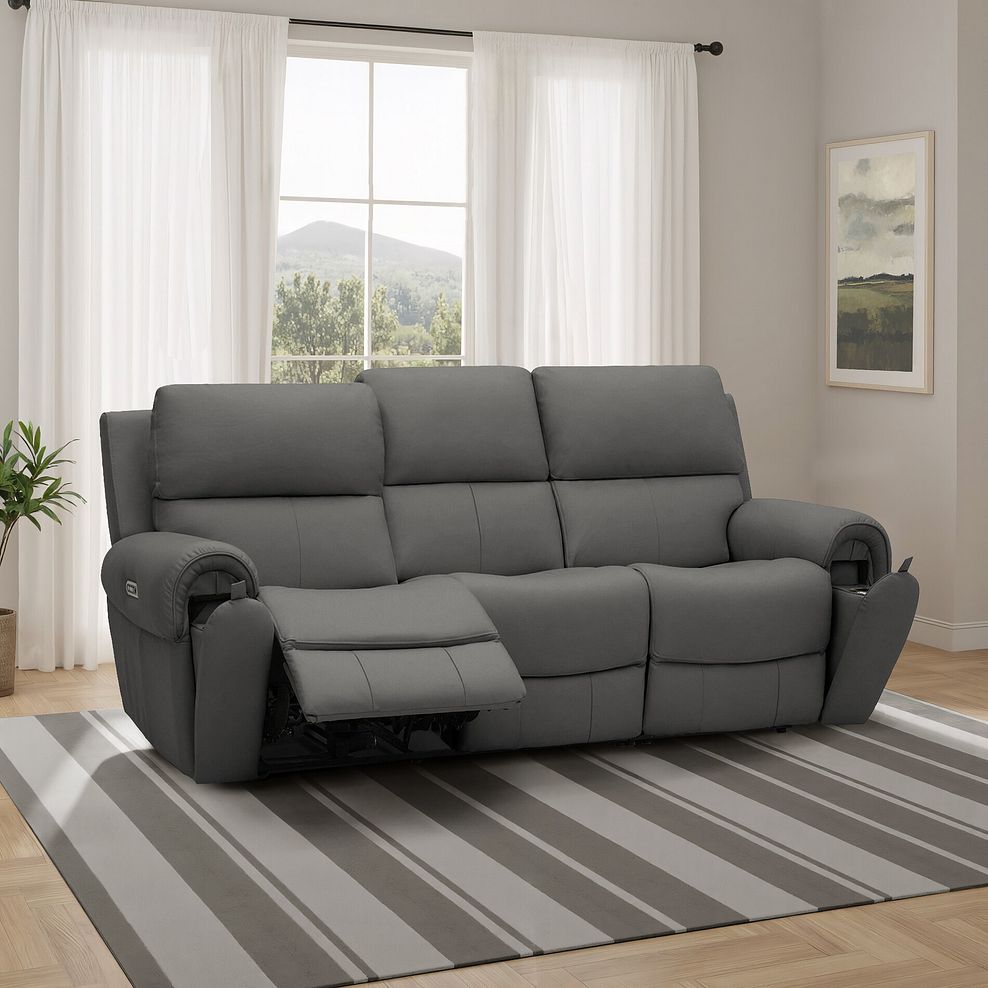 Ezra 3 Seater Electric Recliner with Power Headrest & Lumbar Support in Elephant Grey Leather 1