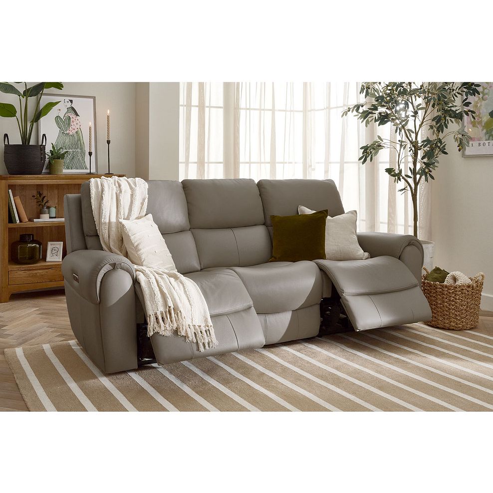 Ezra 3 Seater Electric Recliner with Power Headrest  Lumbar Support in Oyster Leather 1