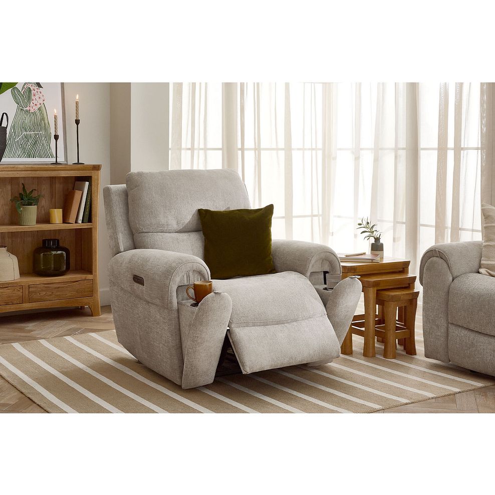 Ezra Electric Recliner Armchair with Power Headrest  Lumbar Support in Darwin Mink Fabric 1