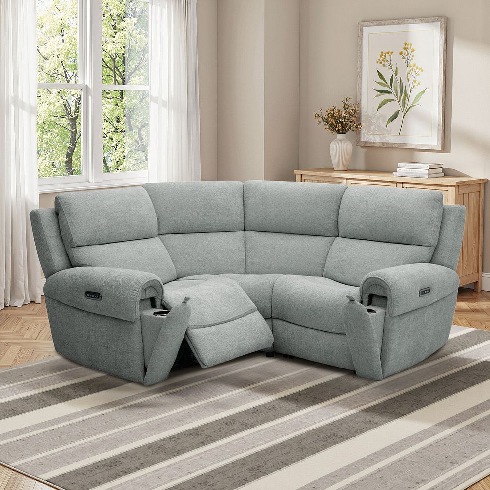 Ezra Group 1 Electric Recliner with Power Headrest & Lumbar Support in Hopsack Platinum Fabric 1
