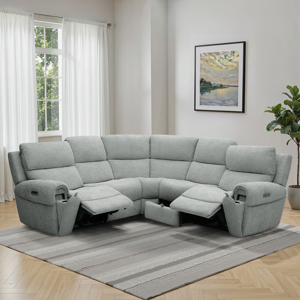 Ezra Group 3 Electric Recliner with Power Headrest & Lumbar Support with 1 Storage Drawer in Hopsack Platinum Fabric 1