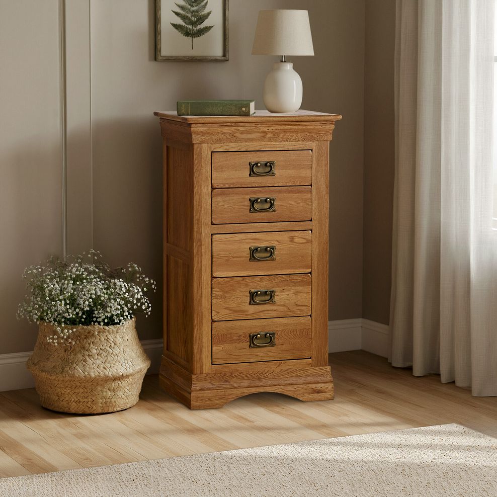 French Farmhouse Rustic Solid Oak 5 Drawer Tallboy 1