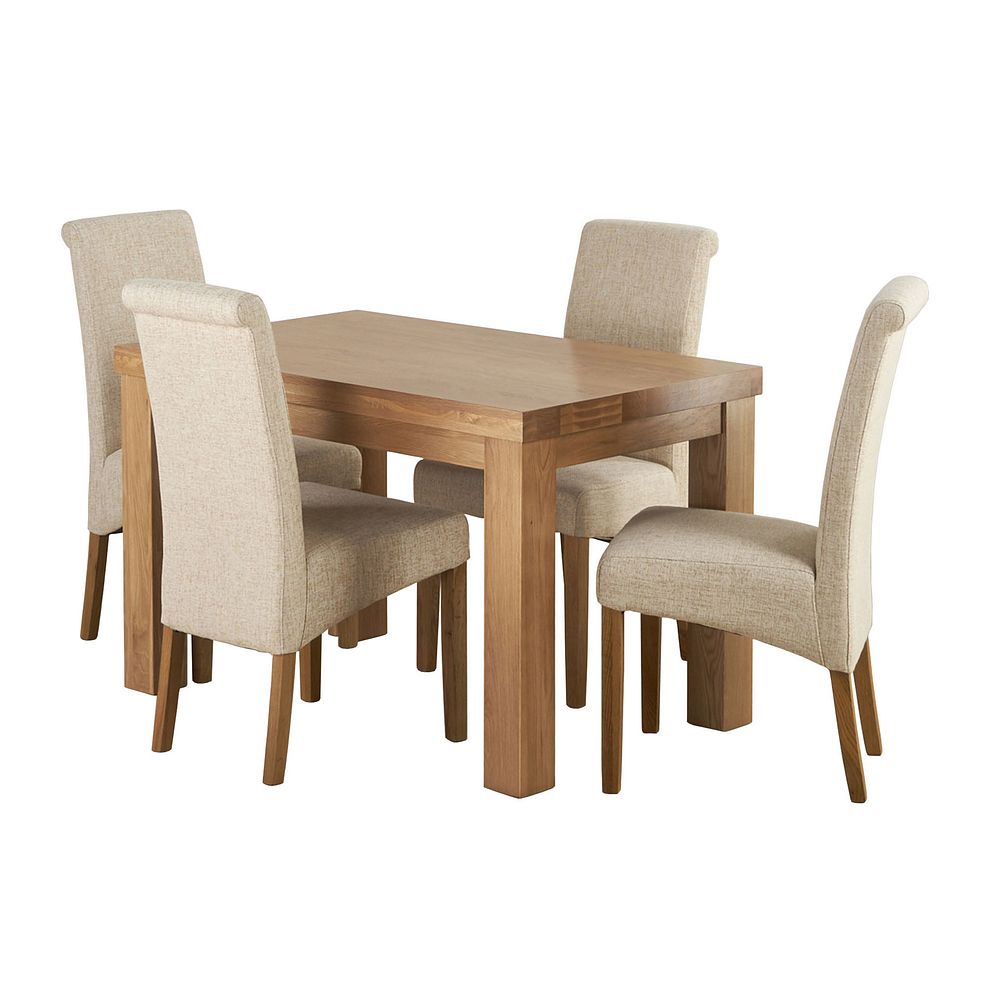 Fresco 4ft Natural Solid Oak Dining Table and 4 Scroll Back Plain Beige Fabric Chairs Thumbnail 1