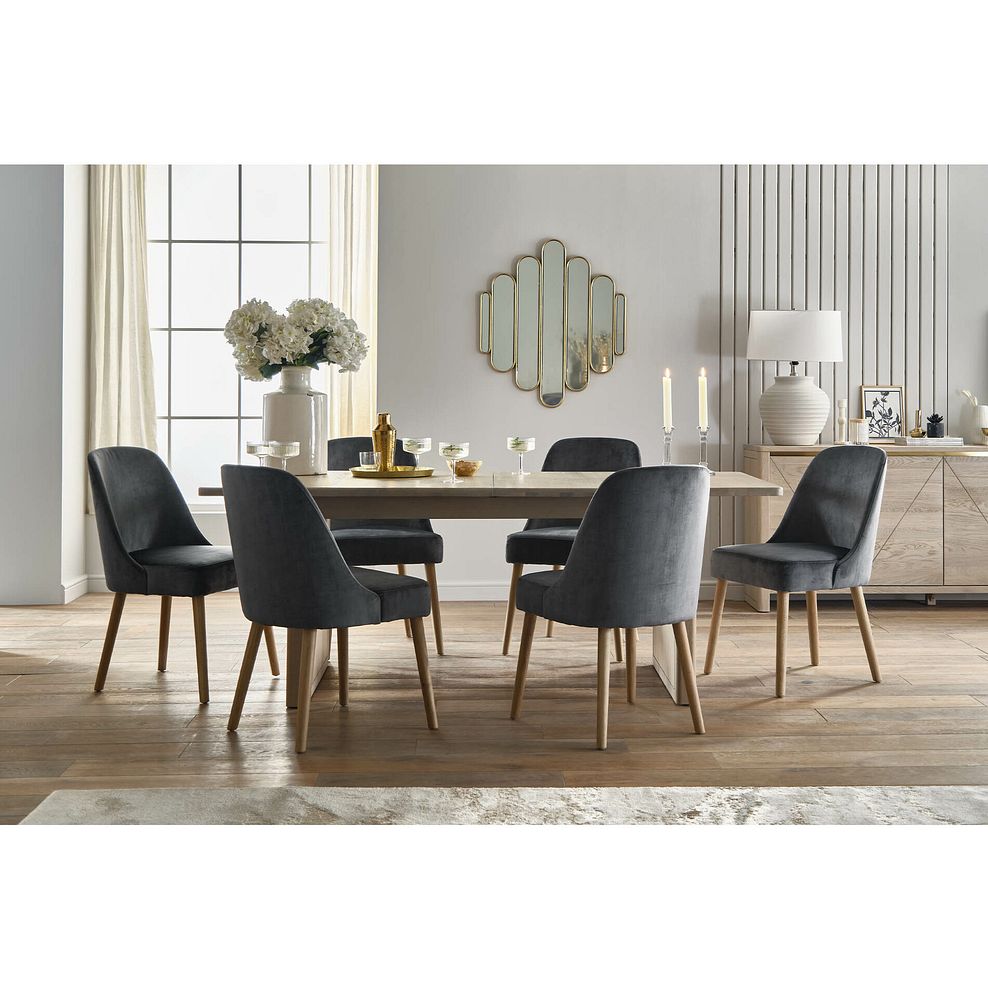 Gatsby Washed Oak Extending Dining Table + 6 Bette Chairs with Oak Legs in Heritage Granite Velvet 1