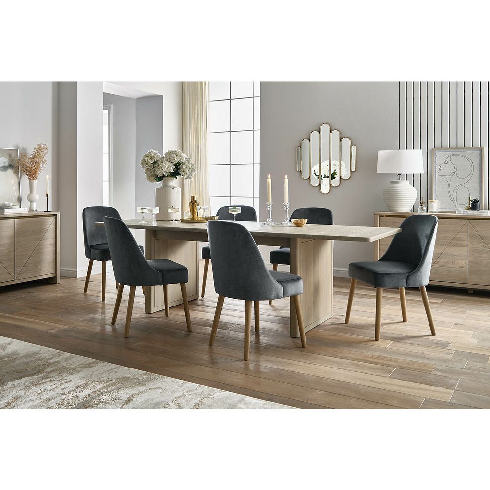 Gatsby Washed Oak Extending Dining Table + 6 Bette Chairs with Oak Legs in Heritage Granite Velvet 3