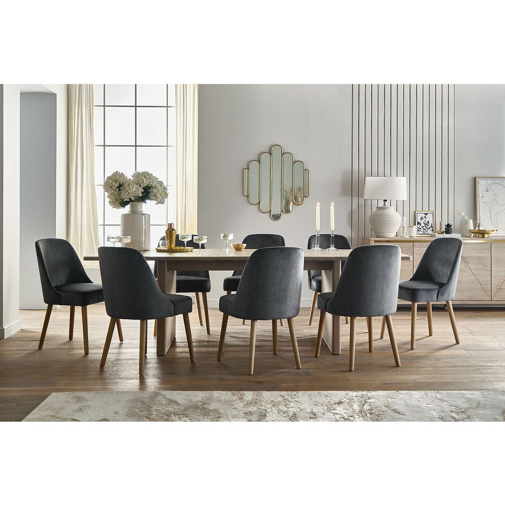 Gatsby Washed Oak Extending Dining Table + 8 Bette Chairs with Oak Legs in Heritage Granite Velvet 1